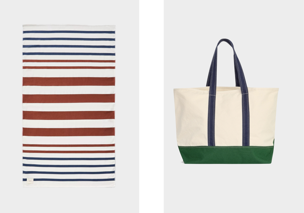 Toalha de praia, €29,99, MANGO; mala tote, €49, ARKET.