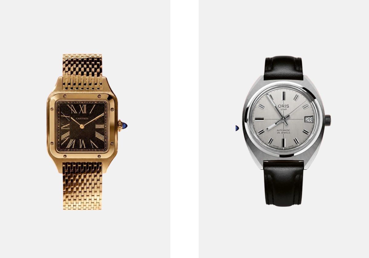 Esquerda: Santos-Dumont Obsidian, CARTIER. Direita: Star Edition, ORIS.