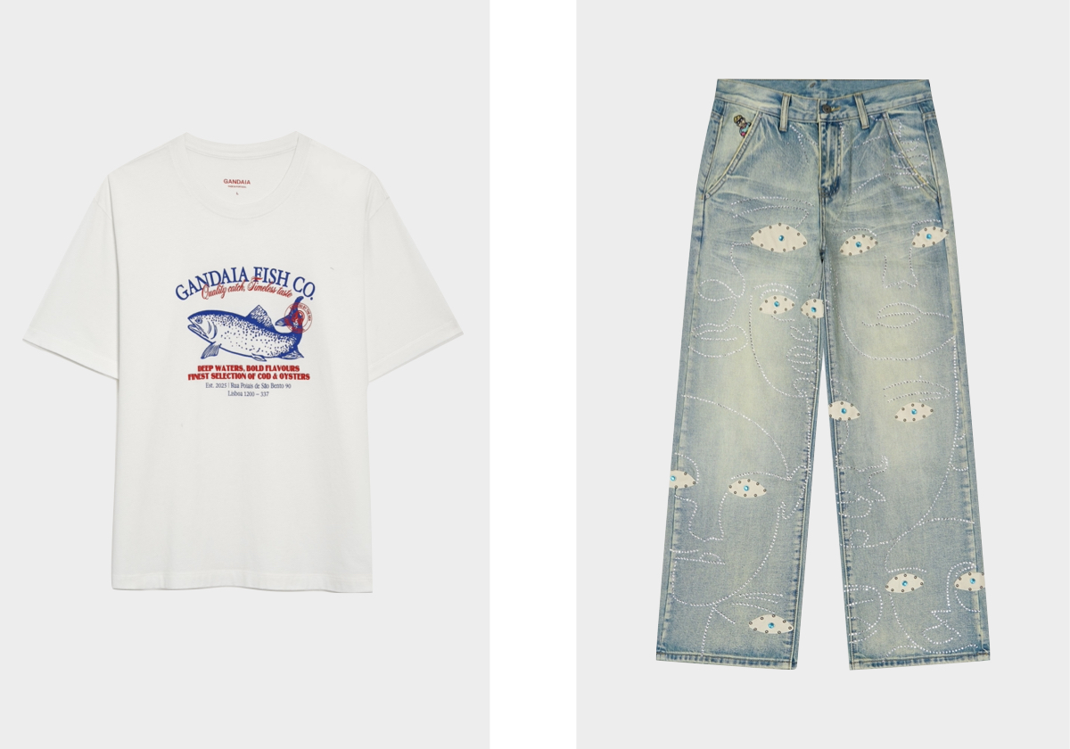 T-shirt, €65, GANDAIA; calças Studded Face, €310,95, KIDSUPER STUDIOS.
