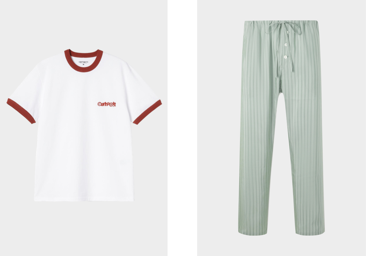 T-shirt, €49, CARHARTT WIP; calças Sylvan, €515, BODE em Mrporter.com.