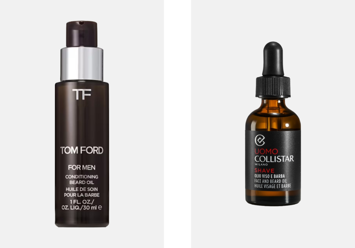 Esquerda: Óleo Condicionador para a Barba Tobacco Vanille, €55, TOM FORD, no El Corte Inglés. Direita: Óleo Nutritivo para Rosto e Barba Collistar Uomo, €33,30, COLLISTAR, no El Corte Inglés.