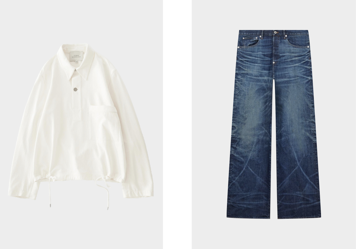 Camisola Stowe, €585, STUDIO NICHOLSON; calças, €450, KENZO.