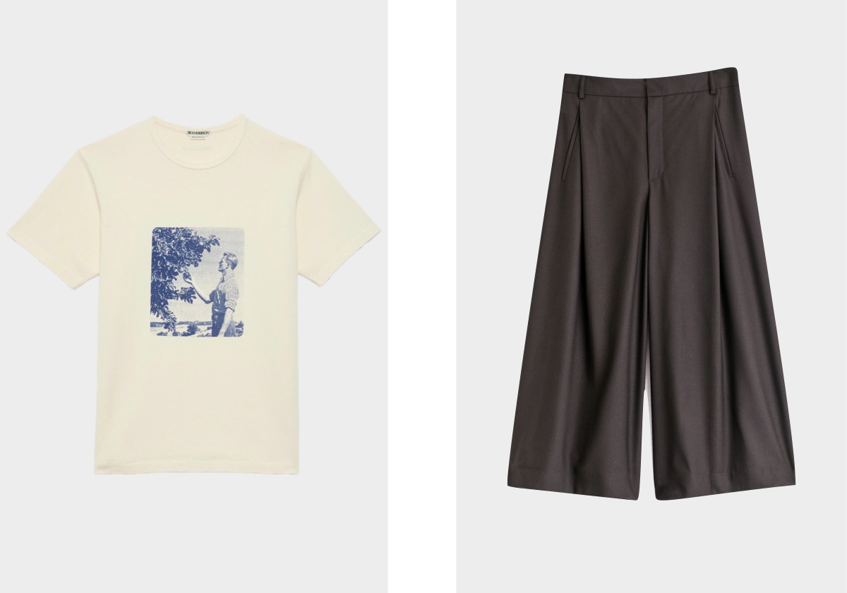 T-shirt, €190, JW ANDERSON; calças Calimera, €395, A KIND OF GUISE.
