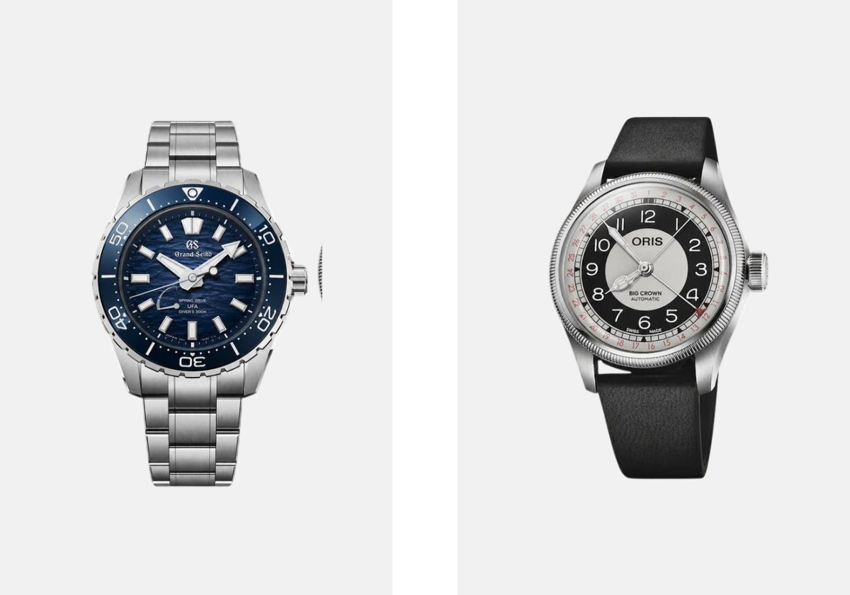Esquerda: Ushio Diver Spring Drive UFA, GRAND SEIKO. Direita: Big Crown Pointer Date 'Bullseye', ORIS.