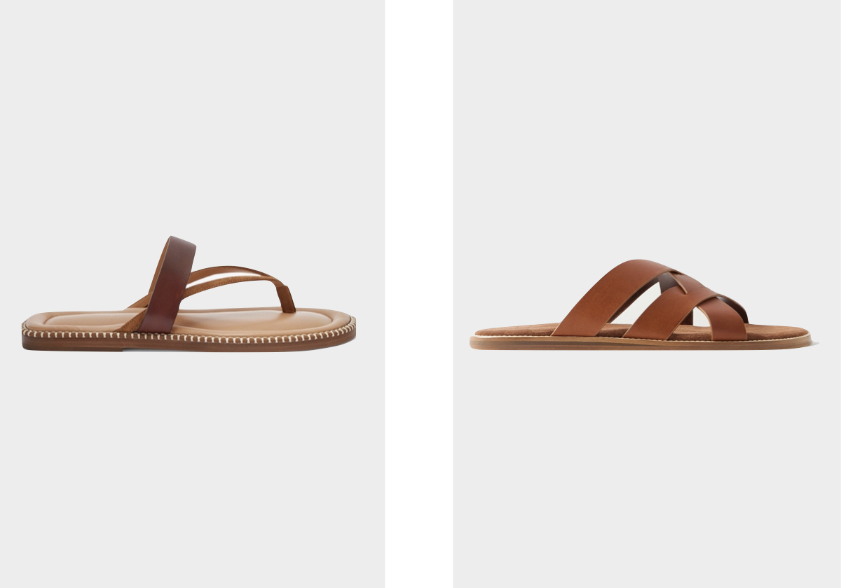 Chinelos, €595, DRIES VAN NOTEN; chinelos, €245, MR P, em Mrporter.com.