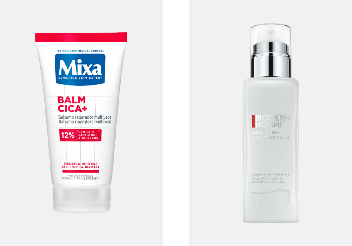 Esquerda: Bálsamo Multifuncional Cica+, €7,70, MIXA, na Notino. Direita: Aftershave Homme Ultra Comfort, €56,60, BIOTHERM, no El Corte Inglés.