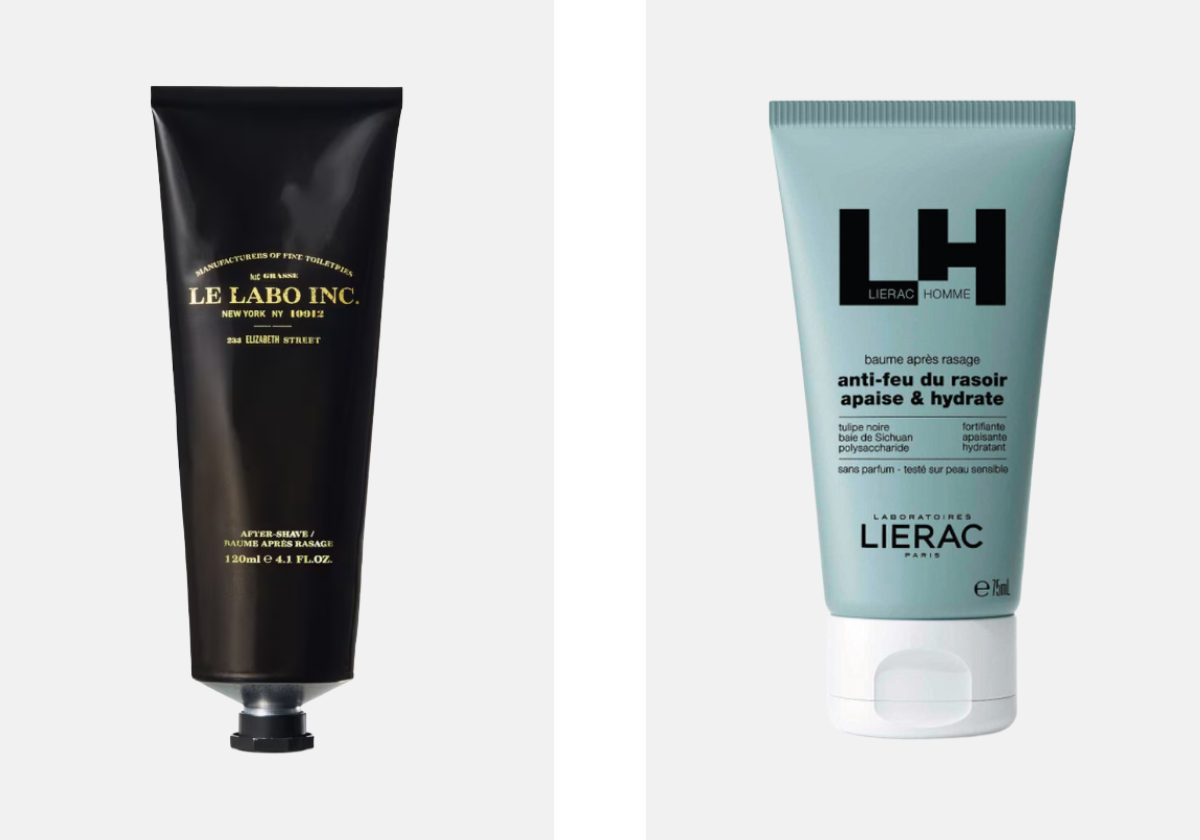 Esquerda: Aftershave, €42, LE LABO, no El Corte Inglés. Direita: Aftershave, €21,70, LIERAC, na Perfumes & Companhia.