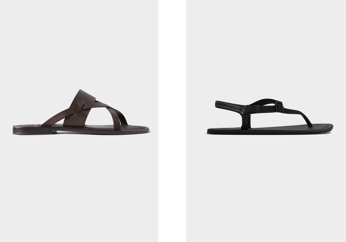 Sandálias, €855, BRUNELLO CUCINELLI, em Mrporter.com; sandálias, €25,95, ZARA.