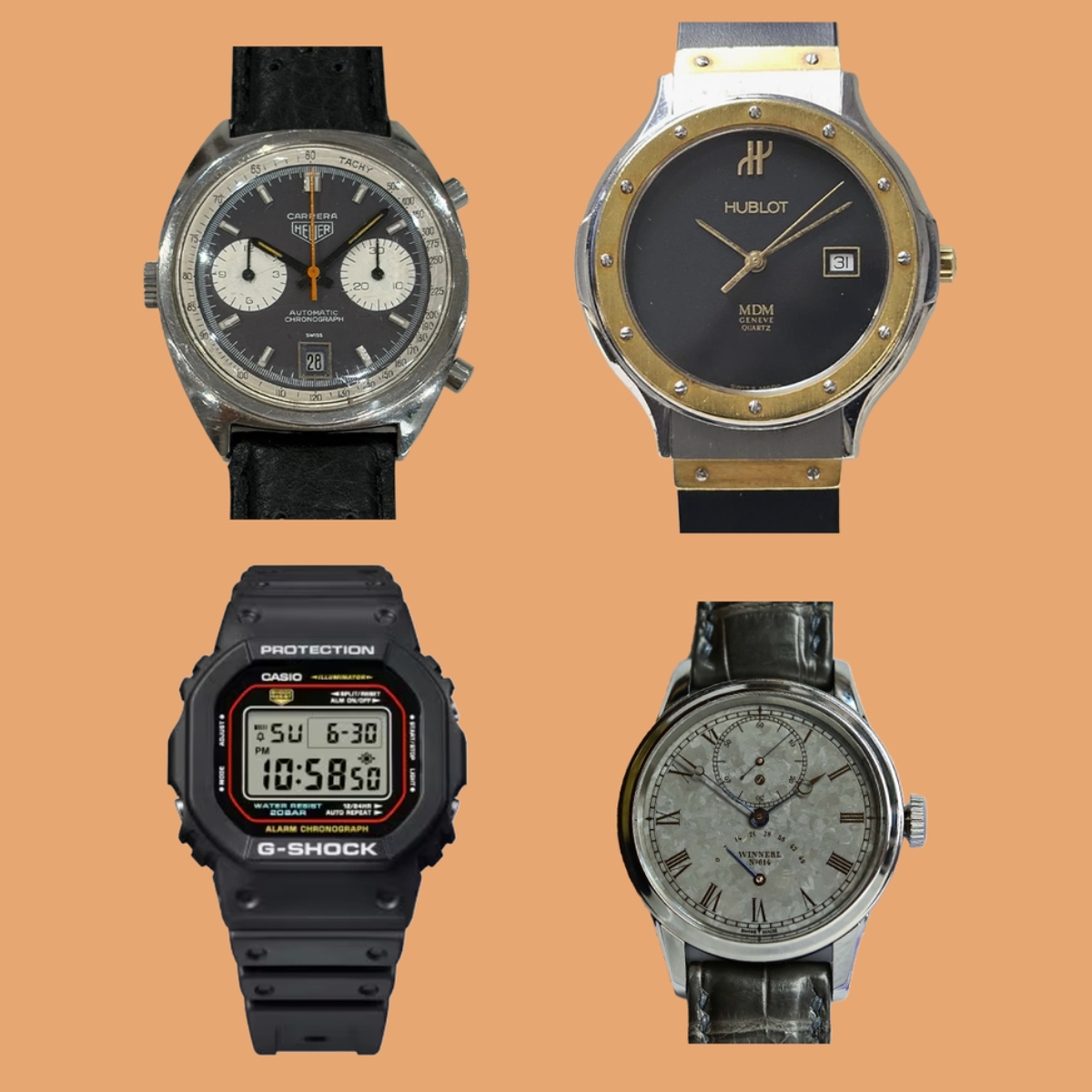 Heuer Carrera Chronomatic; Modelos iniciais da Hublot MDM; Casio G-Shock DW-5600; Winnerl Heart Return.