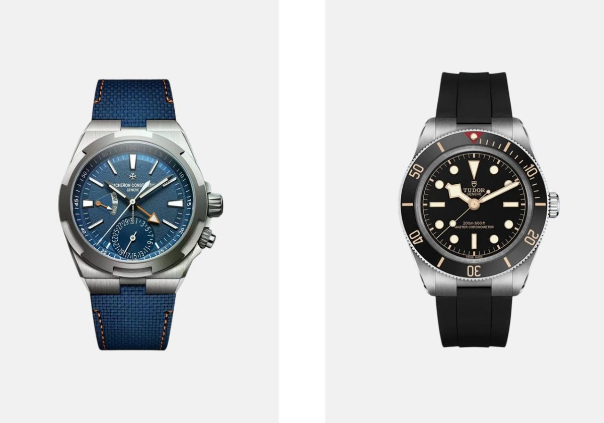 Esquerda: Overseas Dual Time Cardinal Points, VACHERON CONSTANTIN. Direita: Black Bay 58, TUDOR.