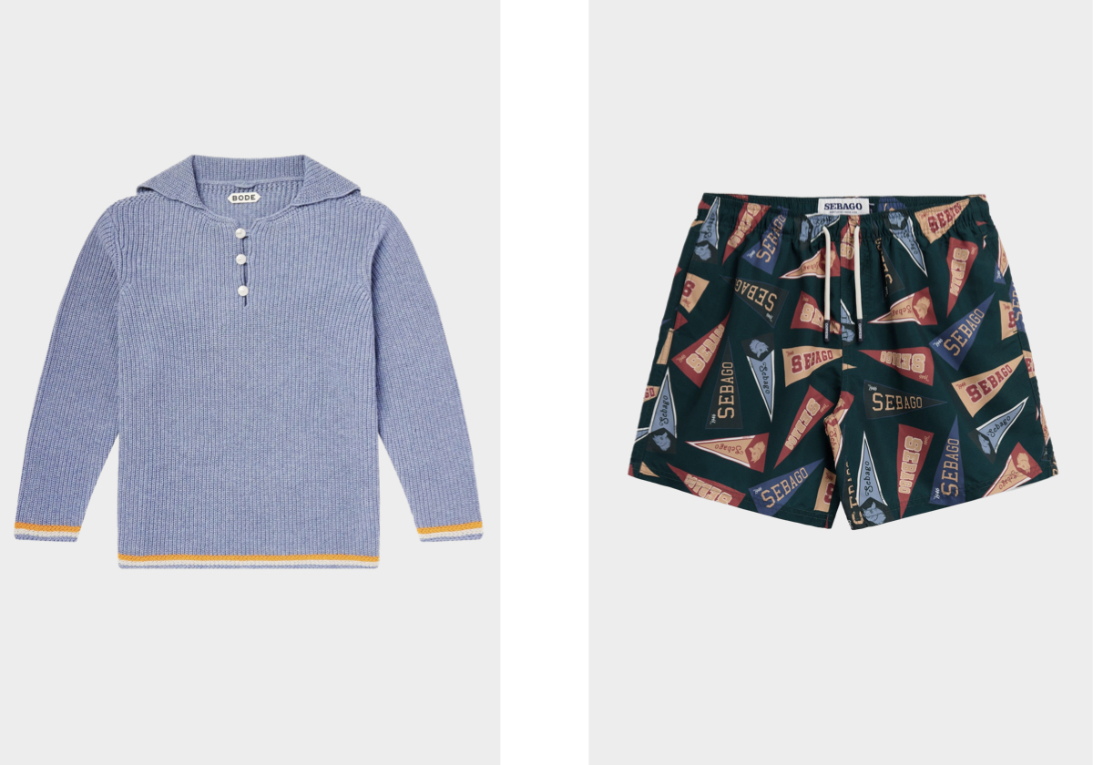 Camisola Boat Deck, €835, BODE, em Mrporter.com; calções de banho, €85, SEBAGO.