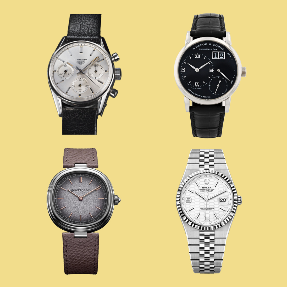 No canto superior esquerdo: Heuer Carrera ref. 2447; A. Lange & Söhne Little Lange 1 Baby Darth ref. 111.035; Gérald Genta Genebra; Rolex Land-Dweller