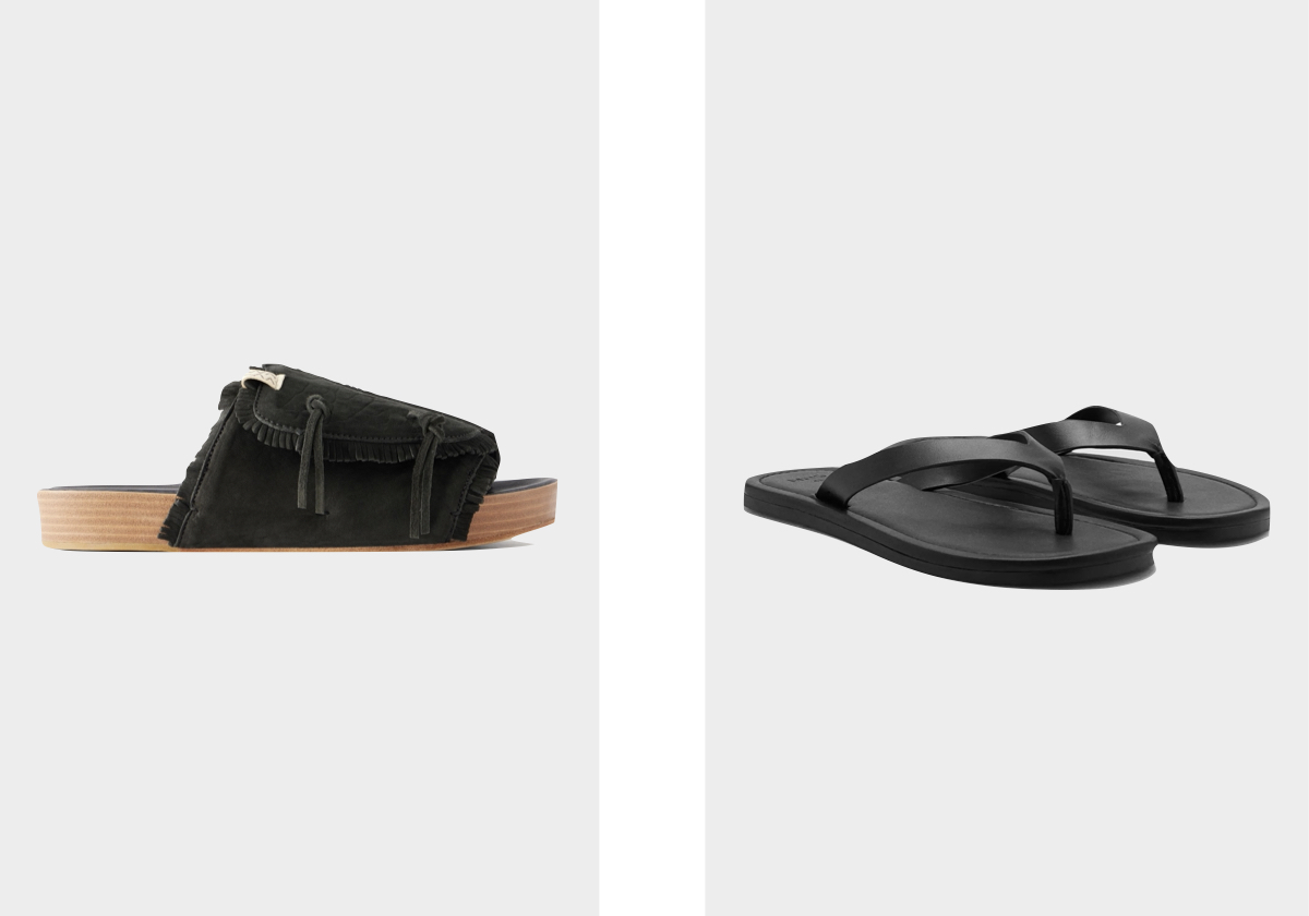 Chinelos Christo Shaman Folk Fringed, €960, VISVIM, em Mrporter.com; chinelos, €39,99, MANGO.