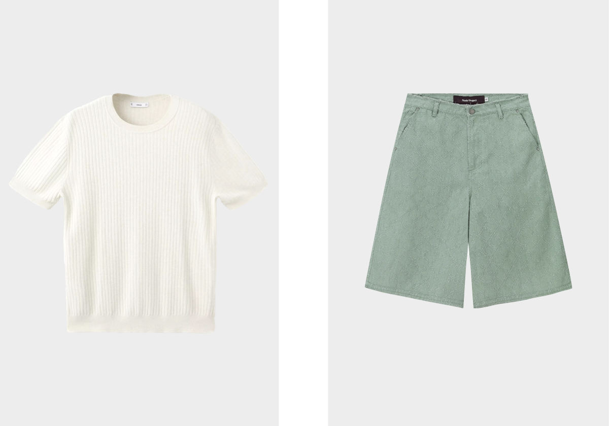 T-shirt, €25,99, MANGO; calções Raw Edge, €109, NUDE PROJECT.