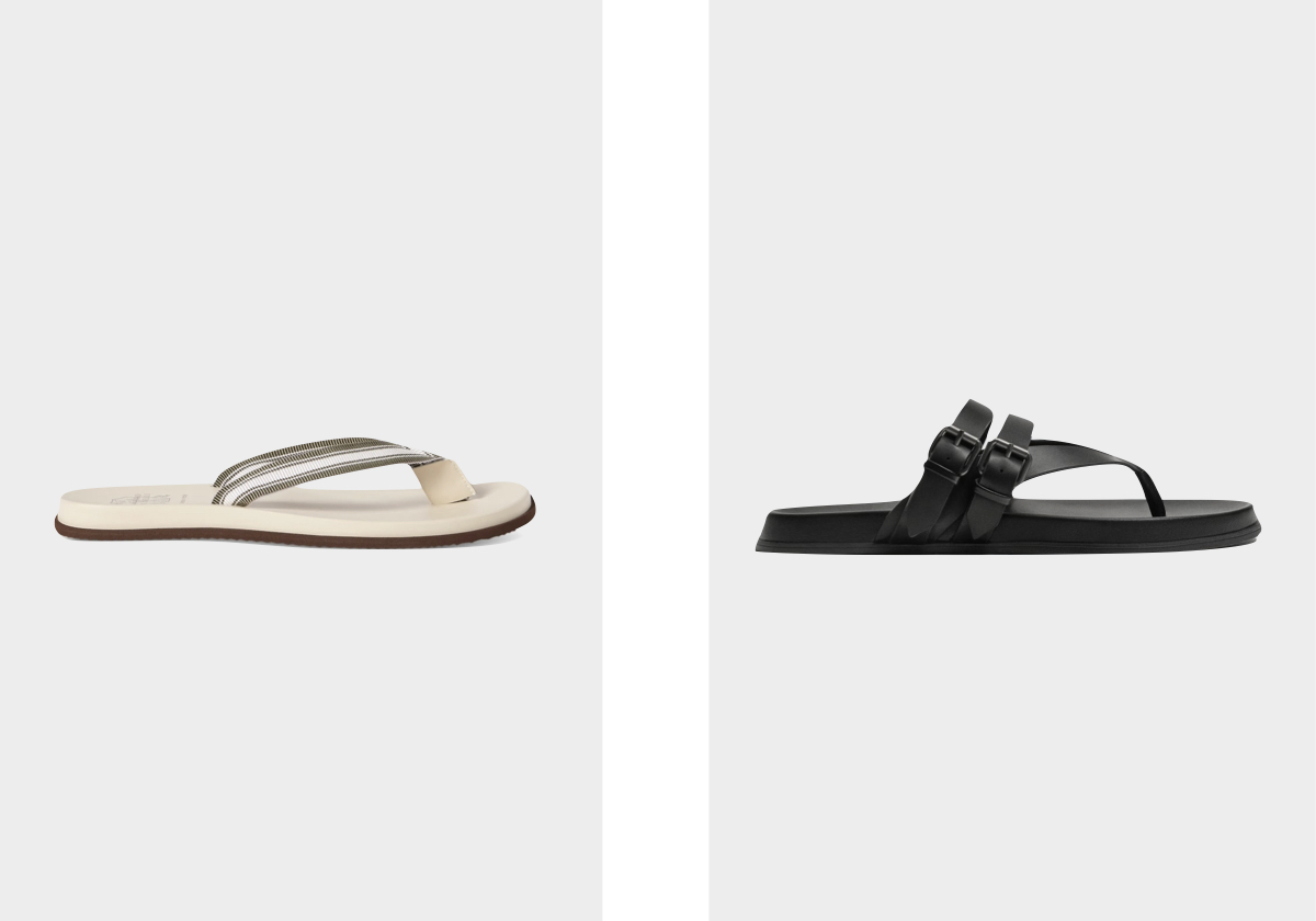 Chinelos, €380, BRUNELLO CUCINELLI, em Farfetch.com; chinelos, €29,95, ZARA.