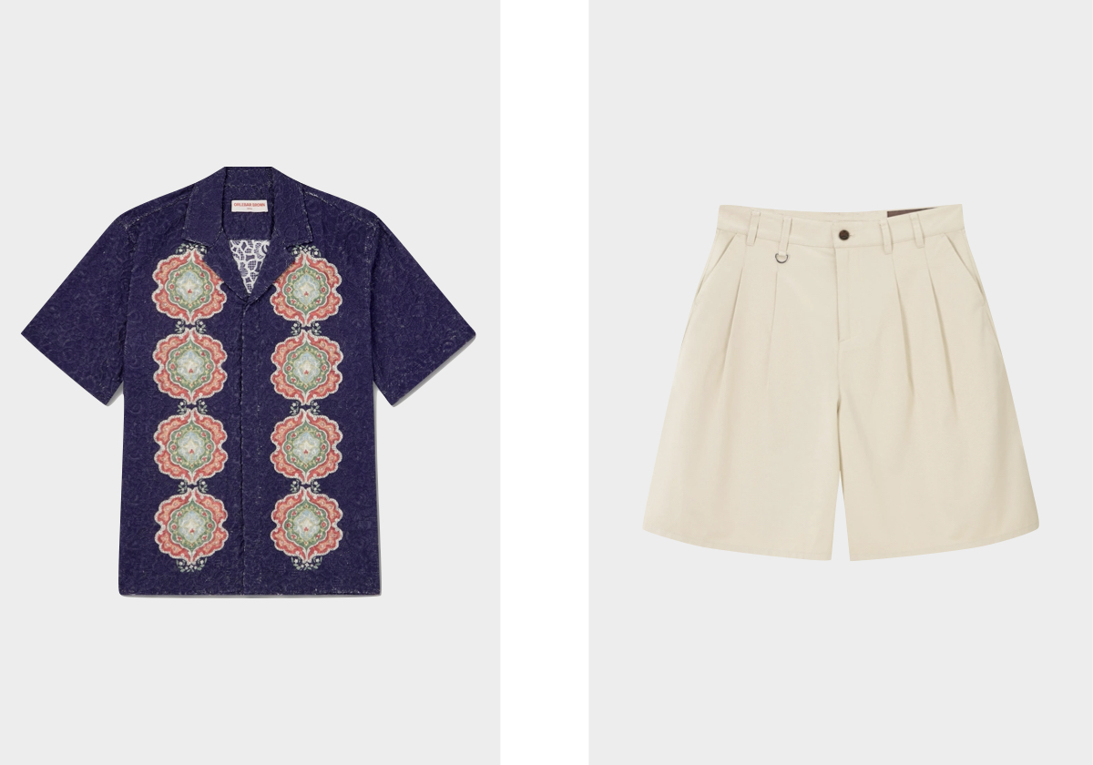 Camisa Broderie Anglaise, €725, ORLEBAR BROWN, em Mrporter.com; calções Pleated, €89, NUDE PROJECT.