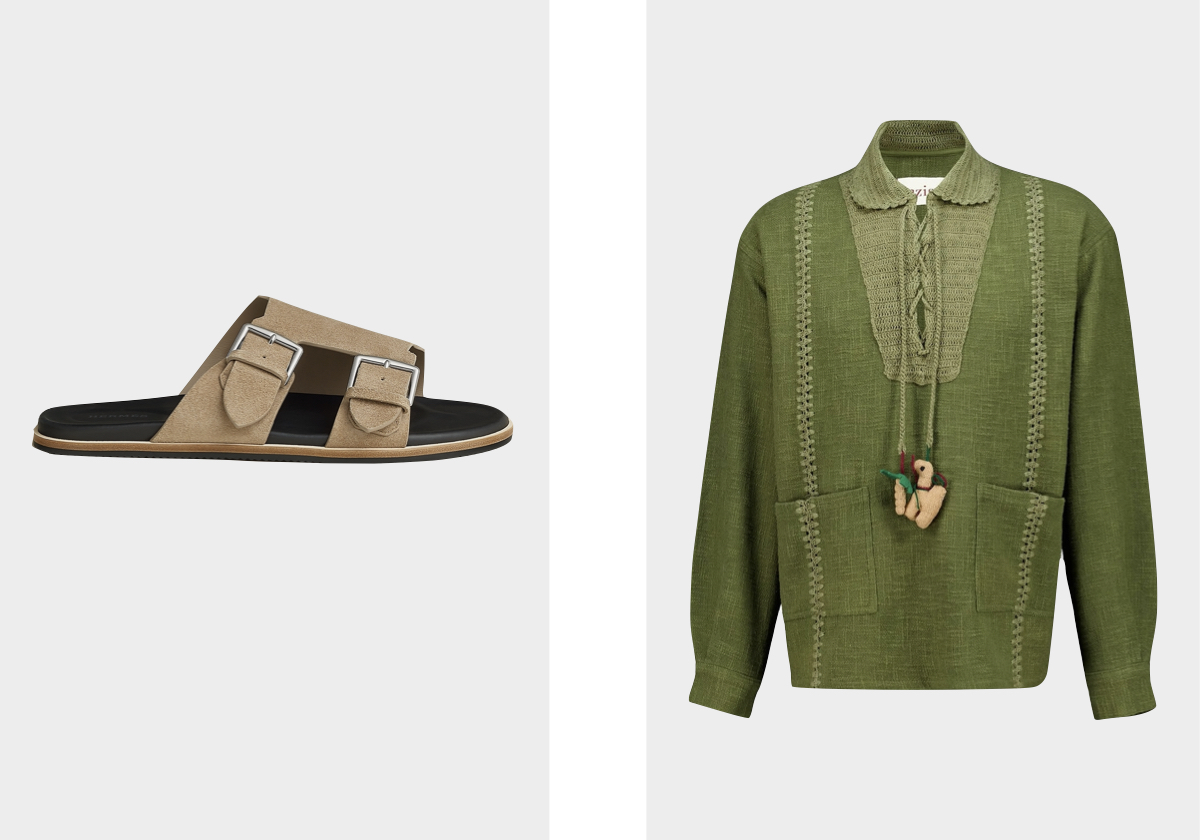 Sapatos Naxos, €995, HERMÈS; camisa Sofia, €582, BAZISZT, em Farfetch.com.