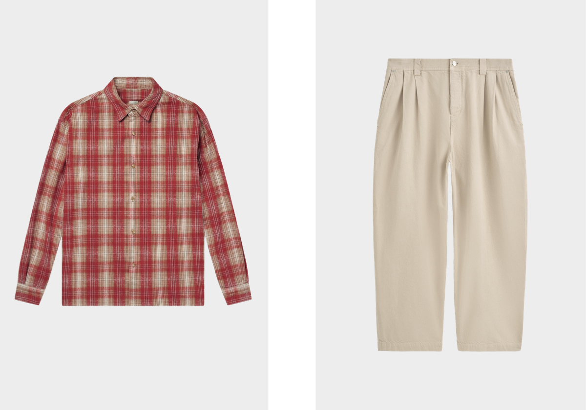 Camisa, €960, A.PRESSE, em Mrporter.com; calças, €99, COS.