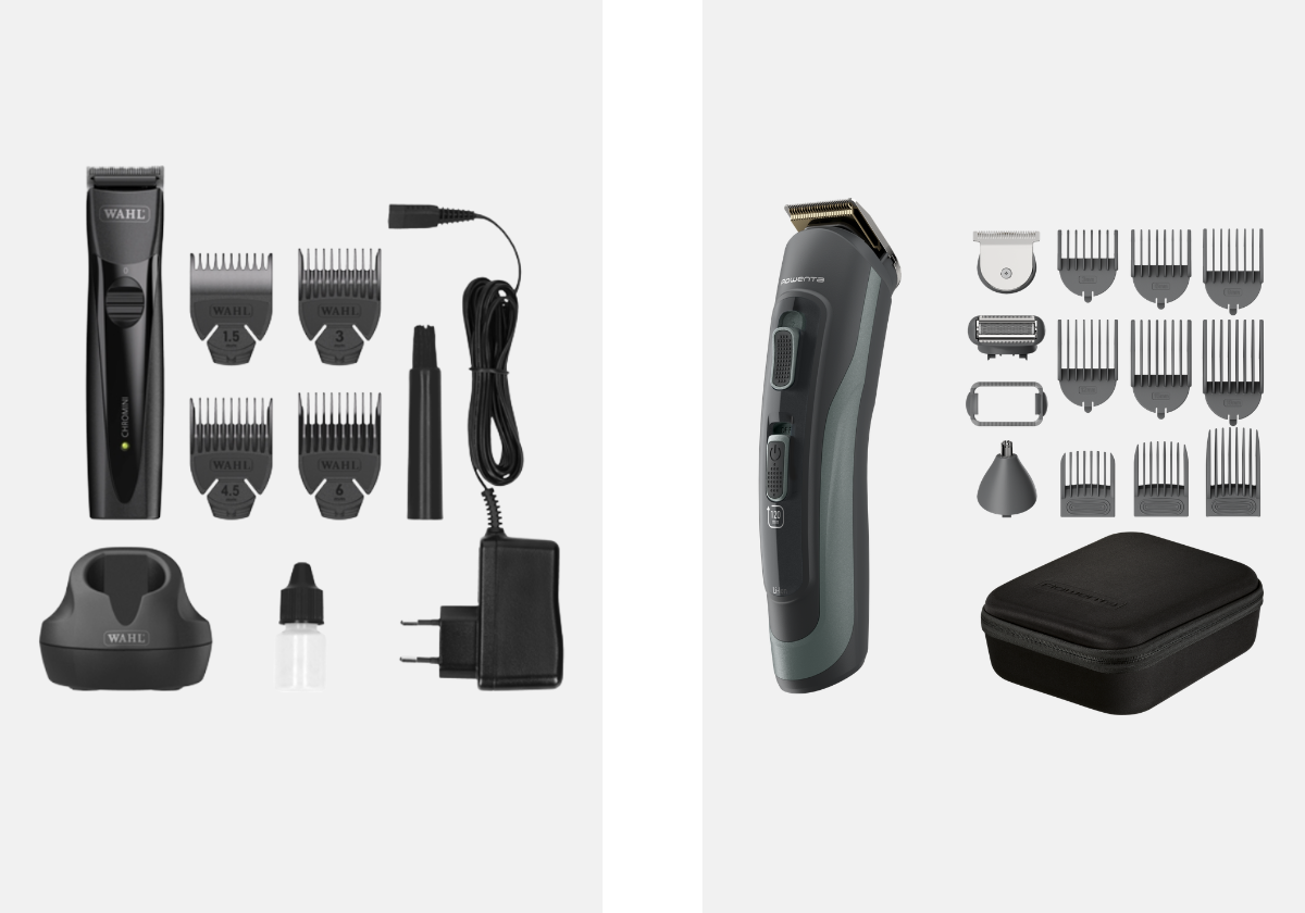 Esquerda: Máquina de Contornos Wahl Pro Chromini, €104, WAHL PRO, na Notino. Direita: Aparador Multifunções Selectium 15 em 1 TN9444E0, €76,99, ROWENTA, na Fnac.