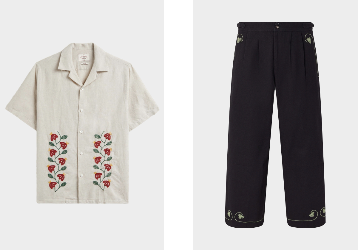 Camisa Branch Embroidery, €162, PORTUGUESE FLANNEL; calças Lucky Draw €790, BODE, em Mrporter.com.
