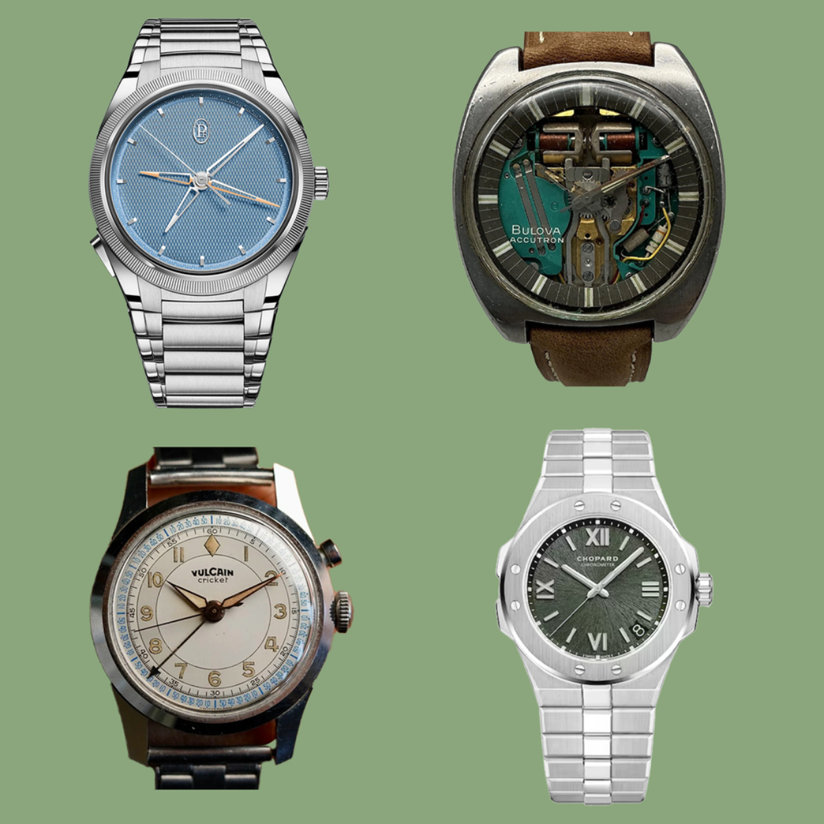 Parmigiani Fleurier Tonda PF Chronographe Mystérieux; Bulova Accutron Spaceview; Vulcain Cricket; Chopard Alpine Eagle 36mm