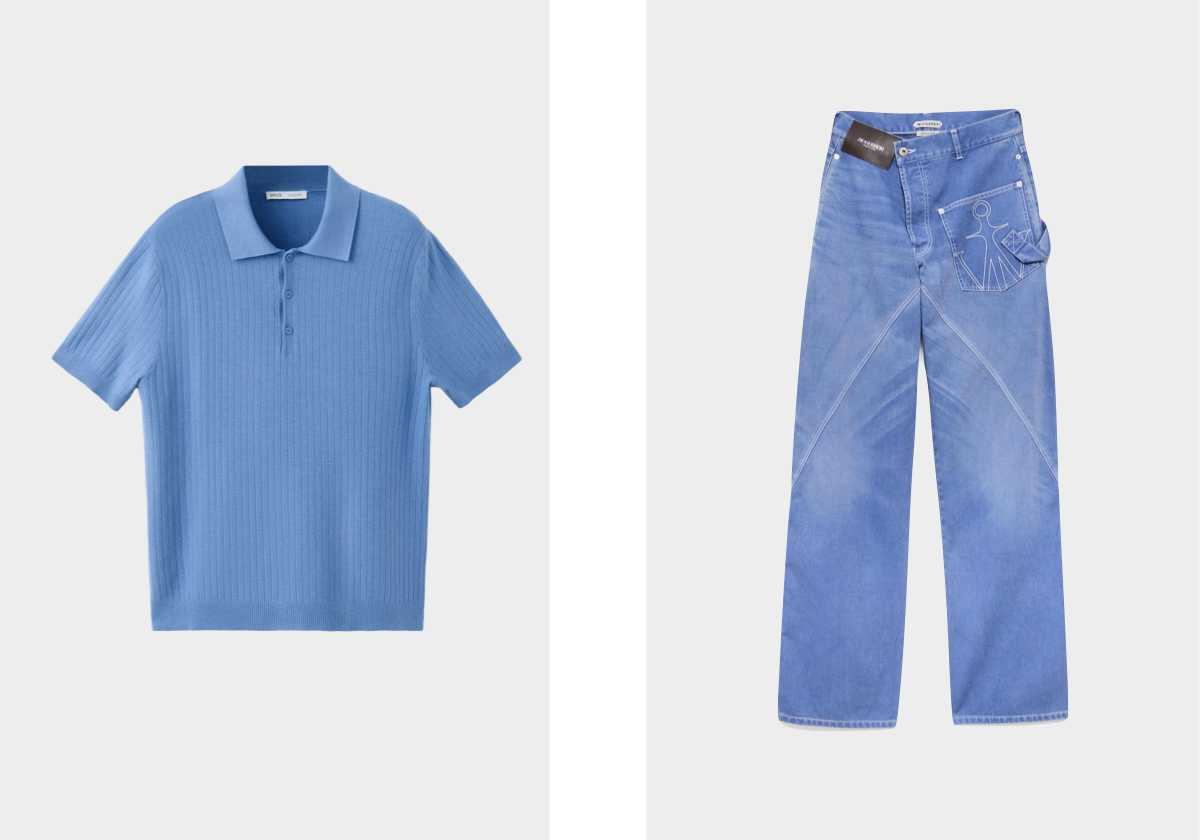 Polo, €35,99, MANGO; calças workwear, €690, JW ANDERSON.