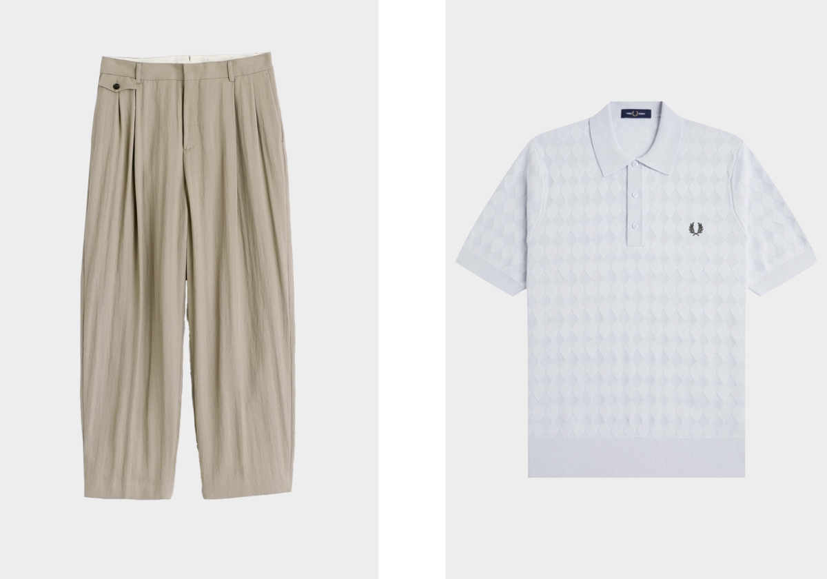 Calças Tailored Tulip, €395, A KIND OF GUISE; pólo pointelle K3310, €160, FRED PERRY.