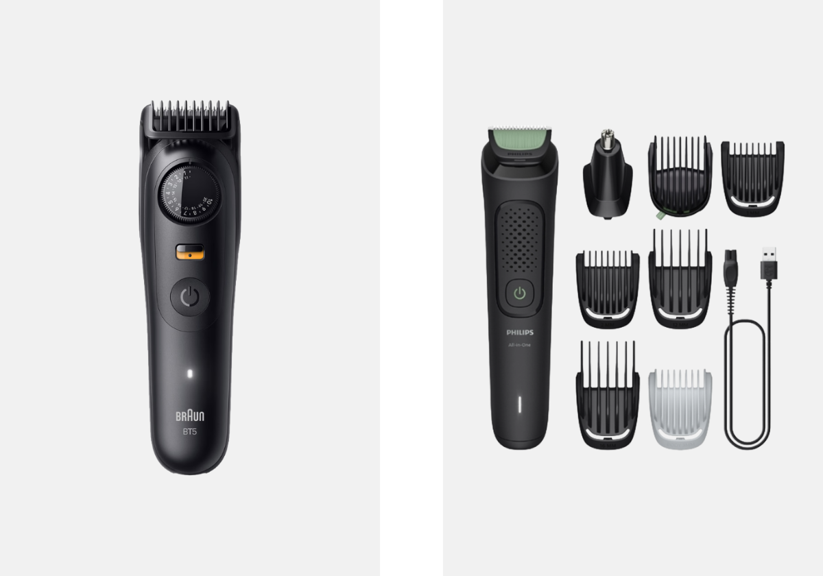 Esquerda: Aparador de Barba Series 5 BT5420, €62,30, BRAUN, na Notino. Direita: Aparador Multifunções Series 3000 MG3940/15, €43, PHILIPS, na Notino.
