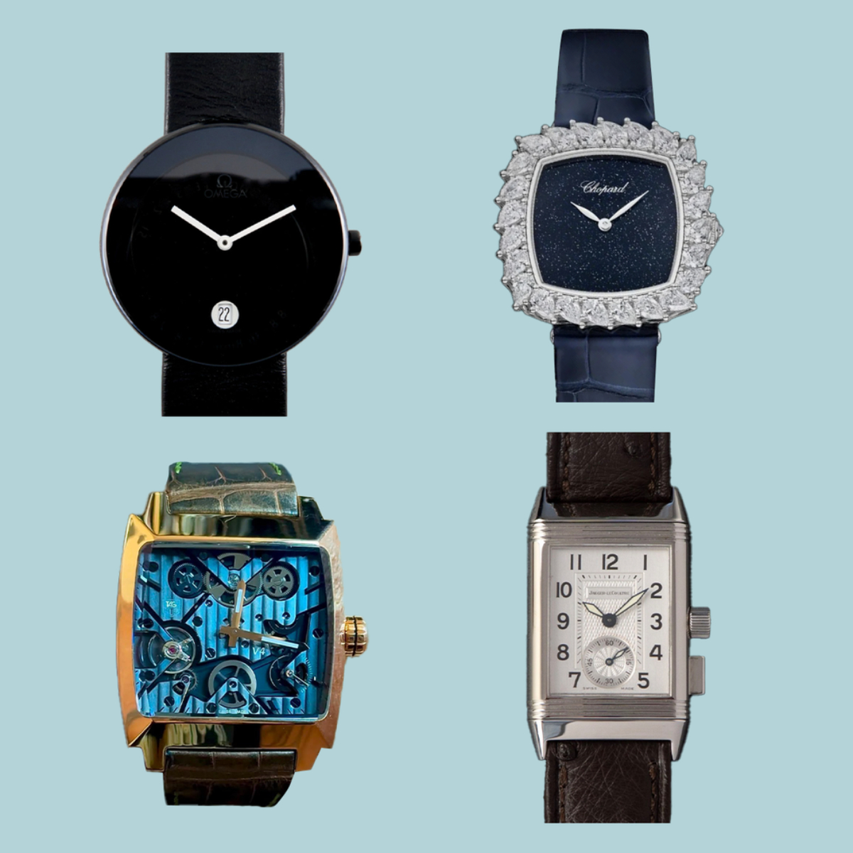 Coleção de Arte Omega Max Bill; Chopard L’Heure du Diamant; Tag Heuer Monaco V4; Jaeger-LeCoultre Reverso Memory