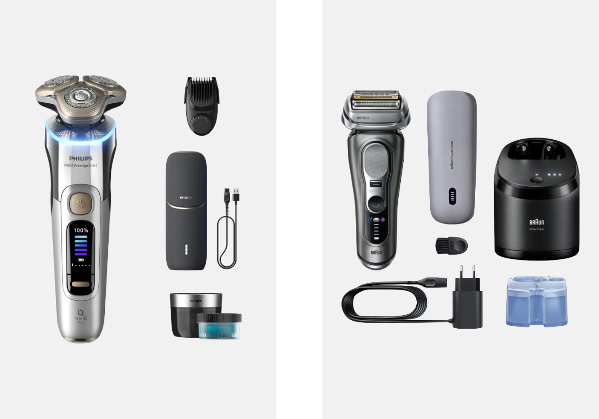 Esquerda: Máquina de Barbear S9000 Prestige Ultra XP9404/46, €599,99, PHILIPS, na Worten. Direita: Máquina de Barbear Series 9 PRO+ 9675CC, €614,99, BRAUN, na Worten.