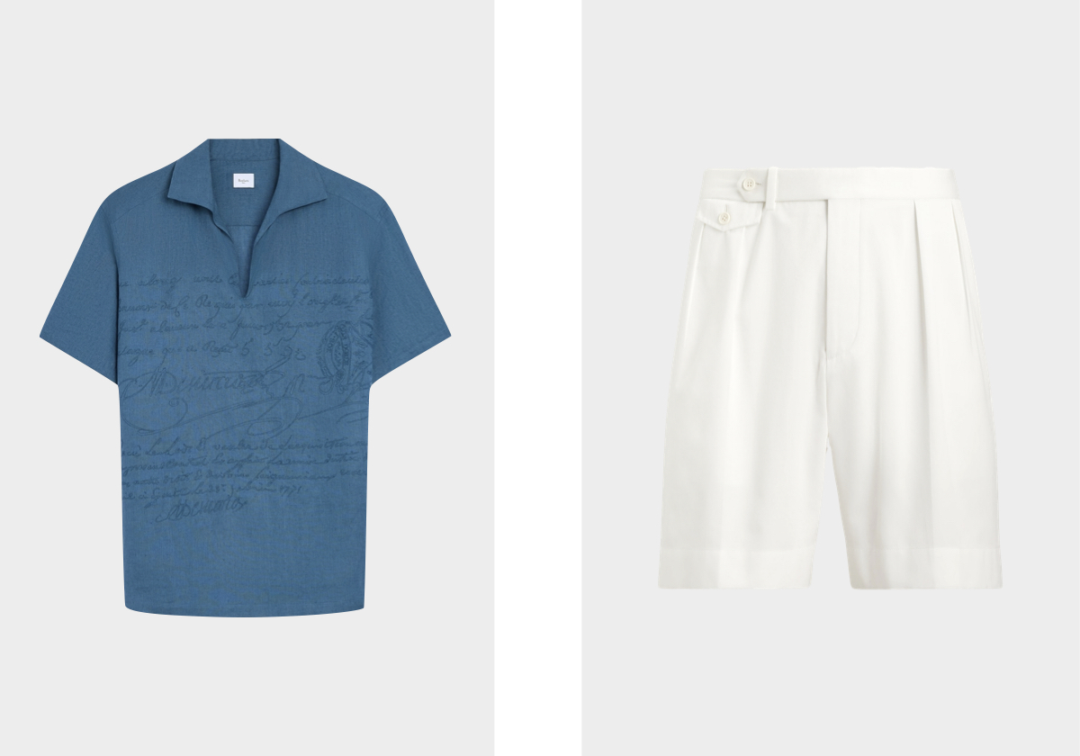 Top Scritto Embroidery, €990, BERLUTI; calções, €800, RALPH LAUREN PURPLE LABEL.