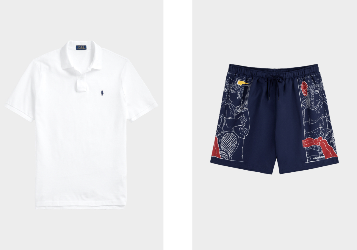 Pólo, €135, POLO RALPH LAUREN; calções de banho Fassianos 'Nocturnal Love', €240, AIMÉ LEON DORE.