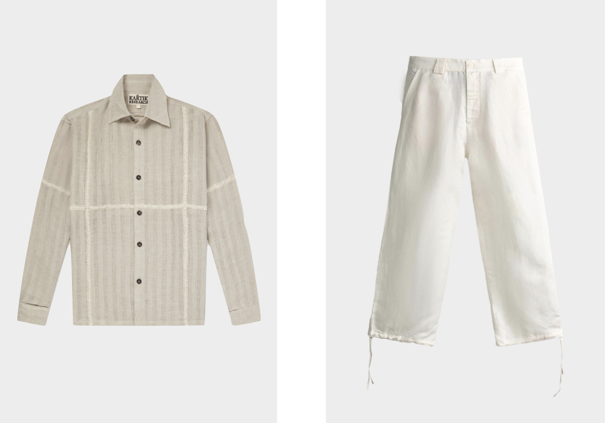 Camisa Rabari Embroidered, €370, KARTIK RESEARCH, em Mrporter.com; calças, €49,95, ZARA.