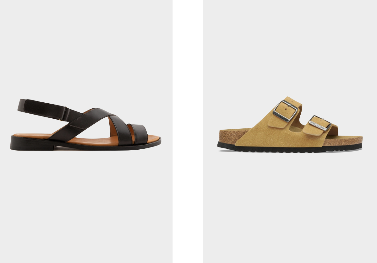 Sandálias Roca, €120, MARIANO; sandálias Arizona Soft, €135, BIRKENSTOCK.
