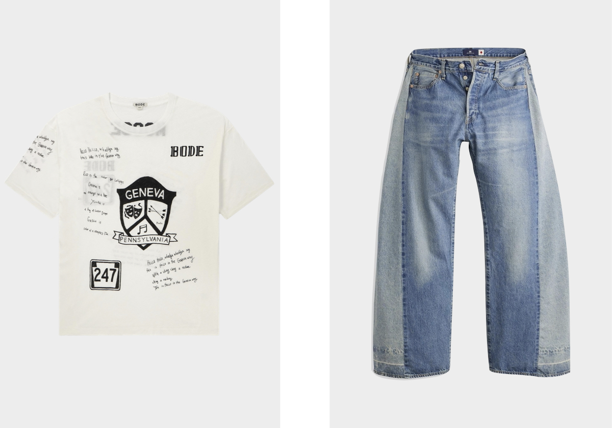 T-shirt Camp Crest, €235, BODE, em Mporter,com; calças Levi's® Blue Tab™ 1980's 501®, €430, LEVI’S.