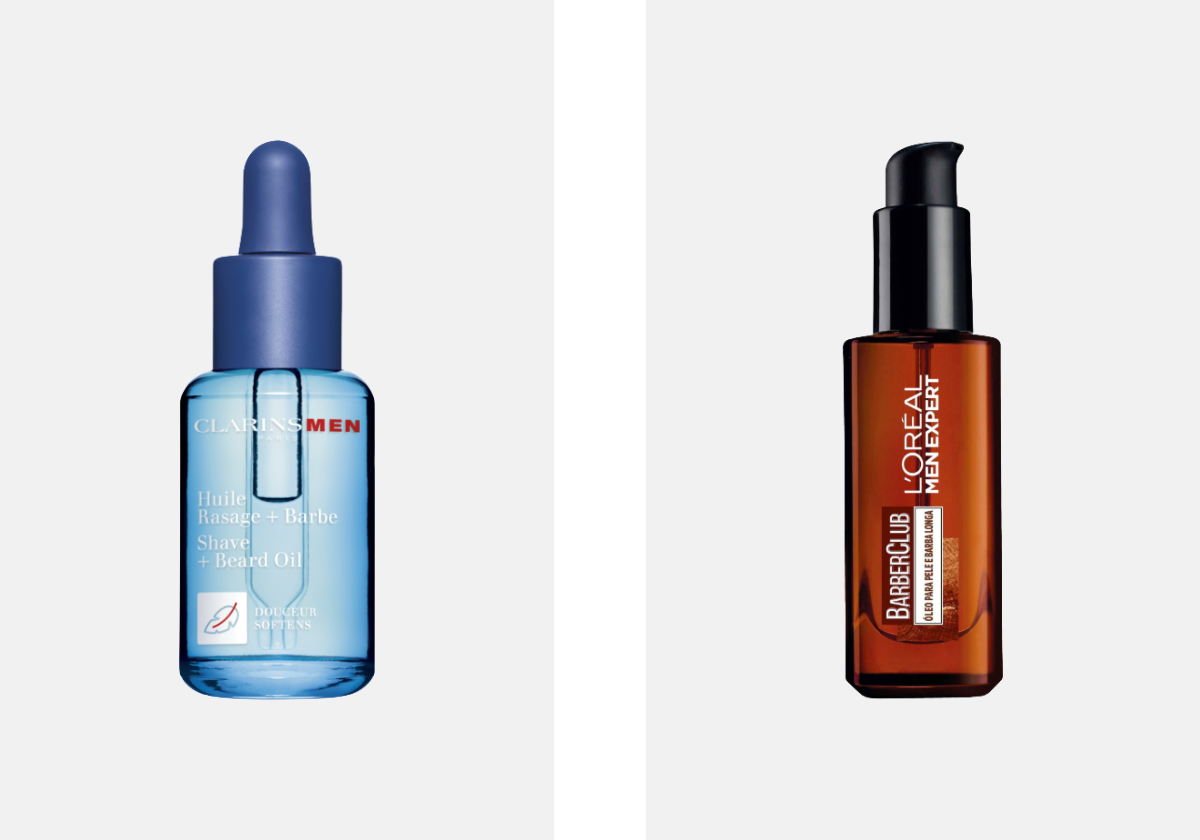 Esquerda: Óleo de Barbear Huile, €42,10, CLARINS, na Perfumes & Companhia. Direita: Óleo para Pele e Barba Longa Barber Club, €14,99, L'ORÉAL MEN EXPERT, na Wells.