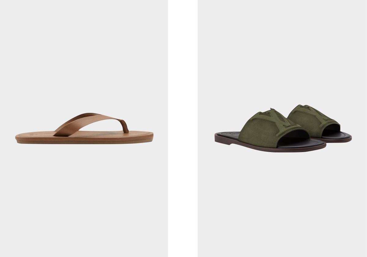 Sandálias, €39,99, MANGO; sandálias LV Portofino, preço sob consulta, LOUIS VUITTON.